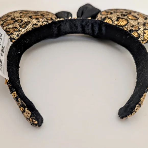 Disney Leopard Print Minnie Mouse Ears Headband With Black Lame Bow - Picture 6 of 7